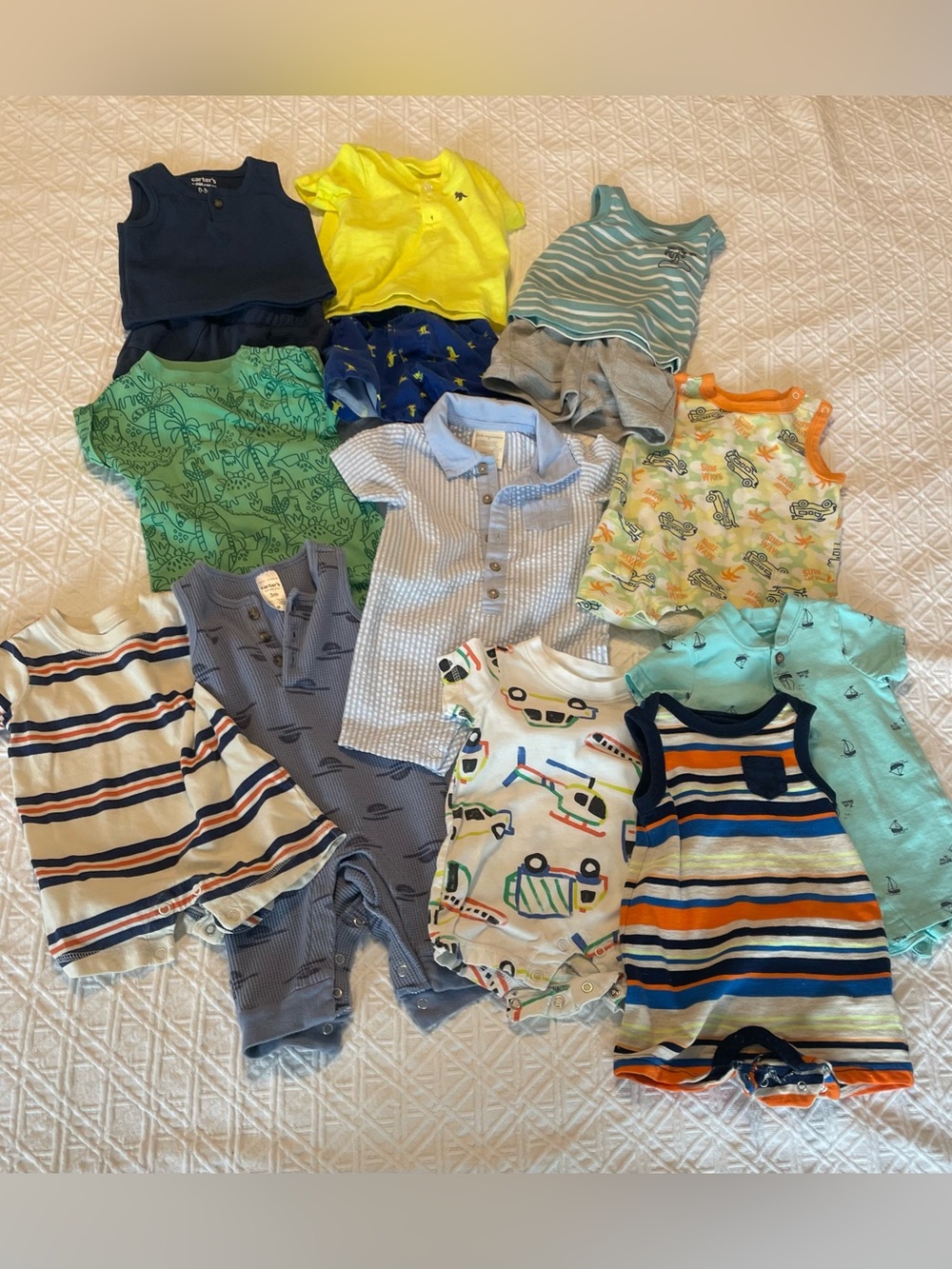 Mixed Baby Boy Romper & Onesie Lot - Blue, Green, Yellow Stripes & Prints